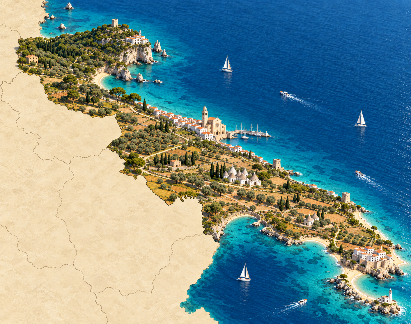 Puglia illustrata: Gargano a nord, Bari al centro e Salento a sud. A ovest del centro e del nord c’è la terraferma; la costa ionica si apre nel Golfo di Taranto.
