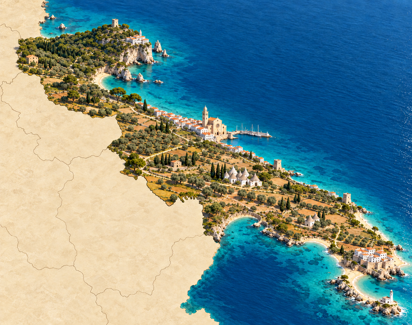 Illustrated Puglia with Gargano in the north, Bari centrally and Salento in the south. Mainland borders central and northern Puglia to the west; the Ionian coast begins at the Gulf of Taranto.